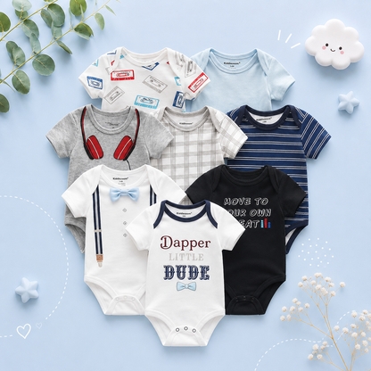 The Izael - Baby Unisex 8pcs Short Sleeve Various Print Romper Set