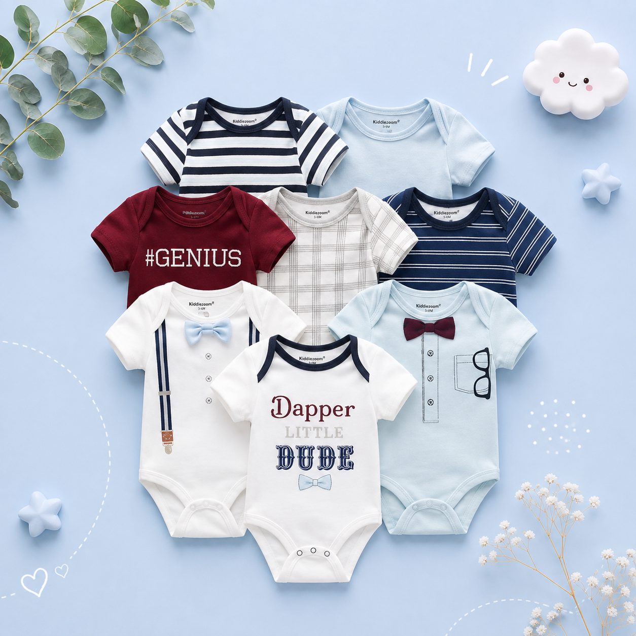 The Izael - Baby Unisex 8pcs Short Sleeve Various Print Romper Set