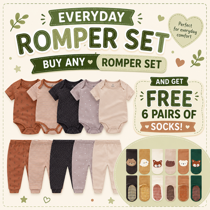 🎉BUNDLE DEAL! Enjoy the Everyday Romper Set + FREE 6‑Pair Socks Bonus!✨