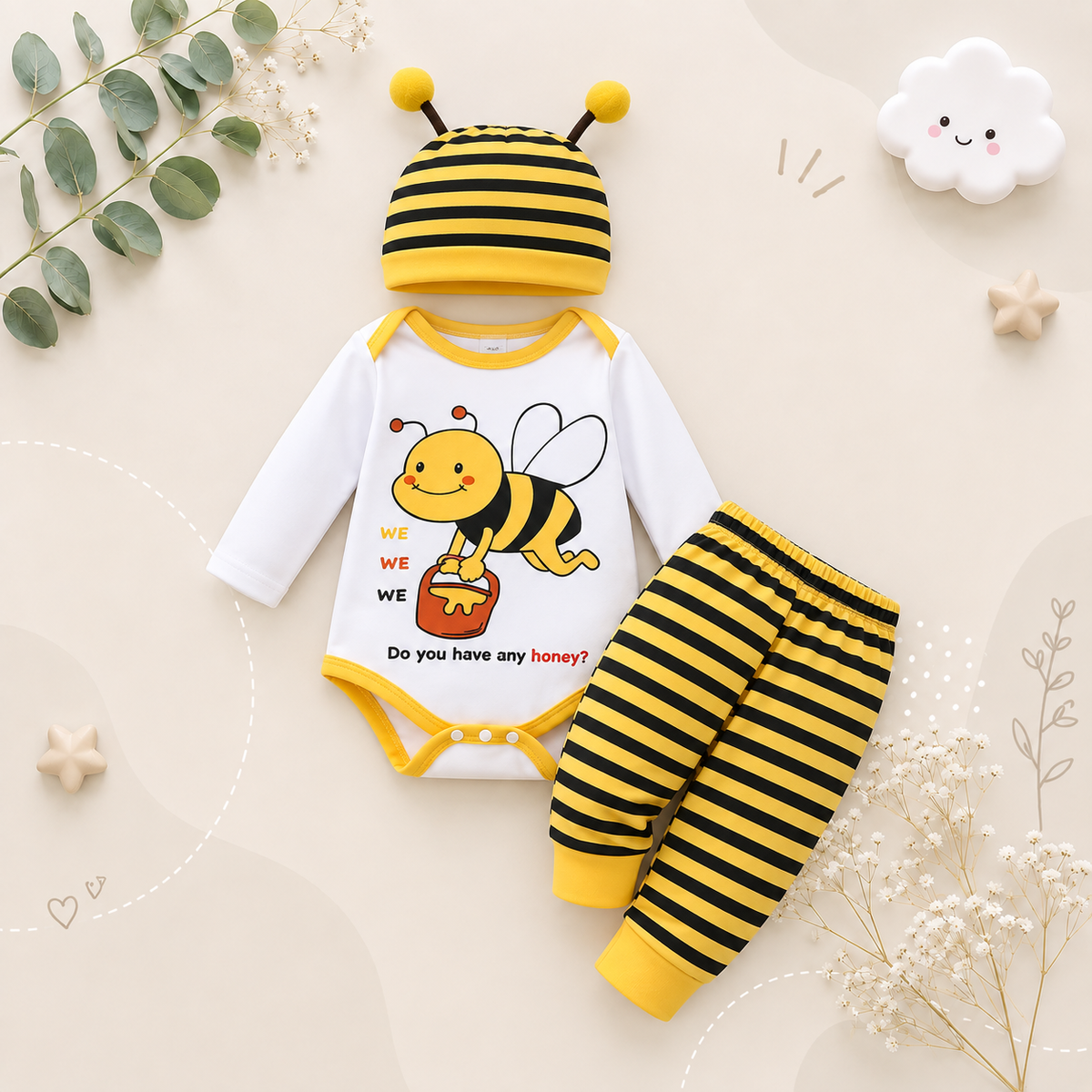 The Samir - Newborn Baby 3PCS Bee Letter Bodysuit Striped Pants & Hat Outfit Set