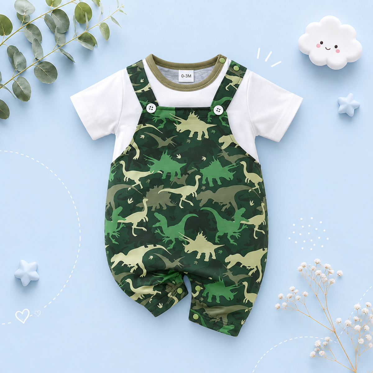 The Azael - Newborn Baby Boy Green Dinosaur Print Romper Short Sleeve Summer Outfit