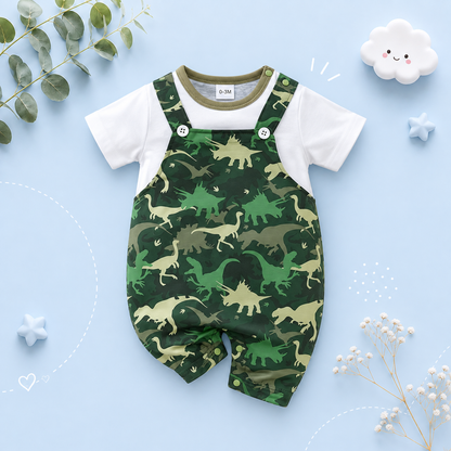 The Azael - Newborn Baby Boy Green Dinosaur Print Romper Short Sleeve Summer Outfit