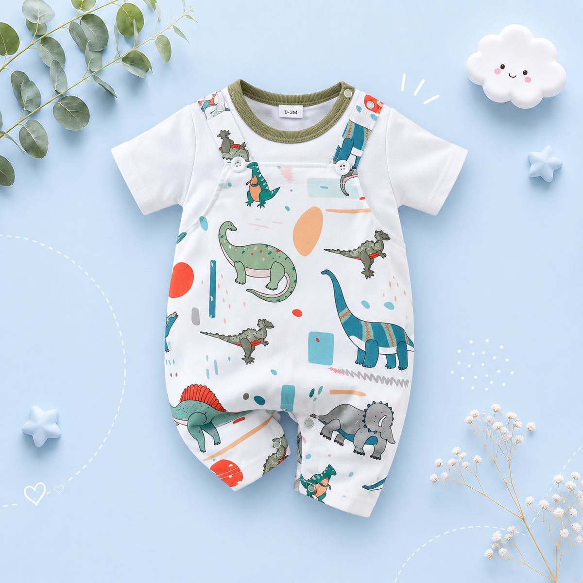 The Azael - Newborn Baby Boy Green Dinosaur Print Romper Short Sleeve Summer Outfit