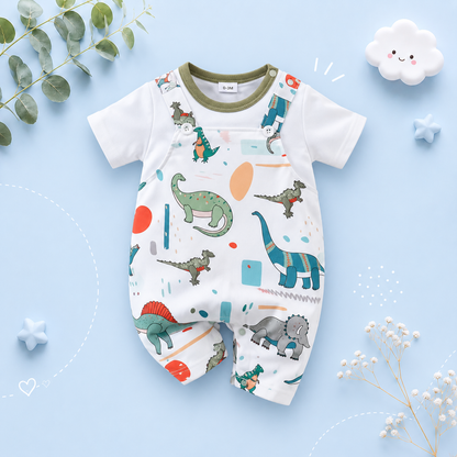 The Azael - Newborn Baby Boy Green Dinosaur Print Romper Short Sleeve Summer Outfit