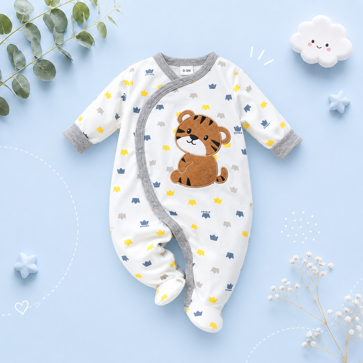 The Zayd - Baby Boy Tiger Print Footed Romper Long Sleeve Autumn Bodysuit Outfit