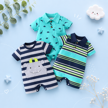 The Raul - Baby Boy Color Block Polo Romper Short Sleeve Cotton Onesie Outfit