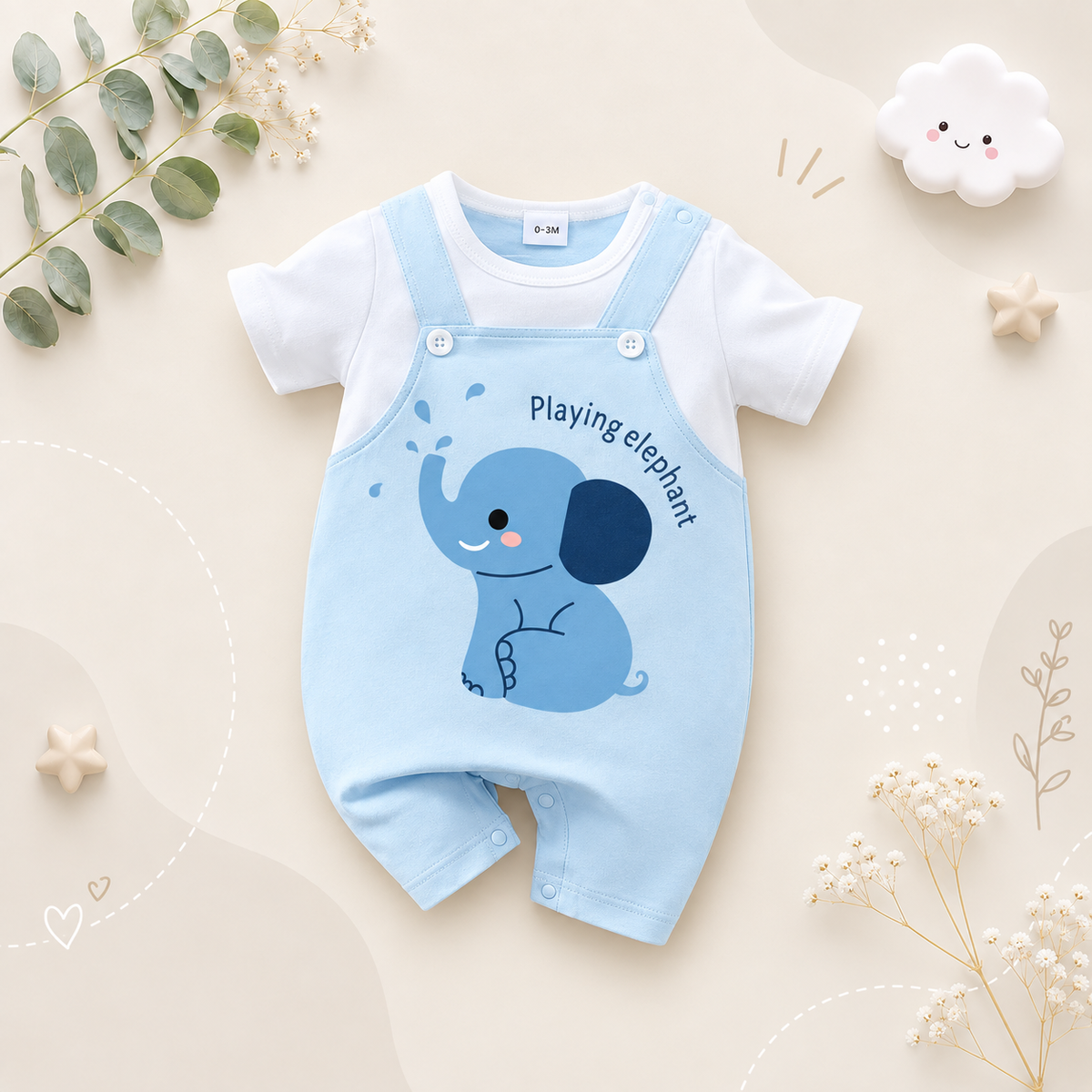 The Shane - Baby Blue Elephant Print Short Sleeve Romper Bodysuit Summer Wear