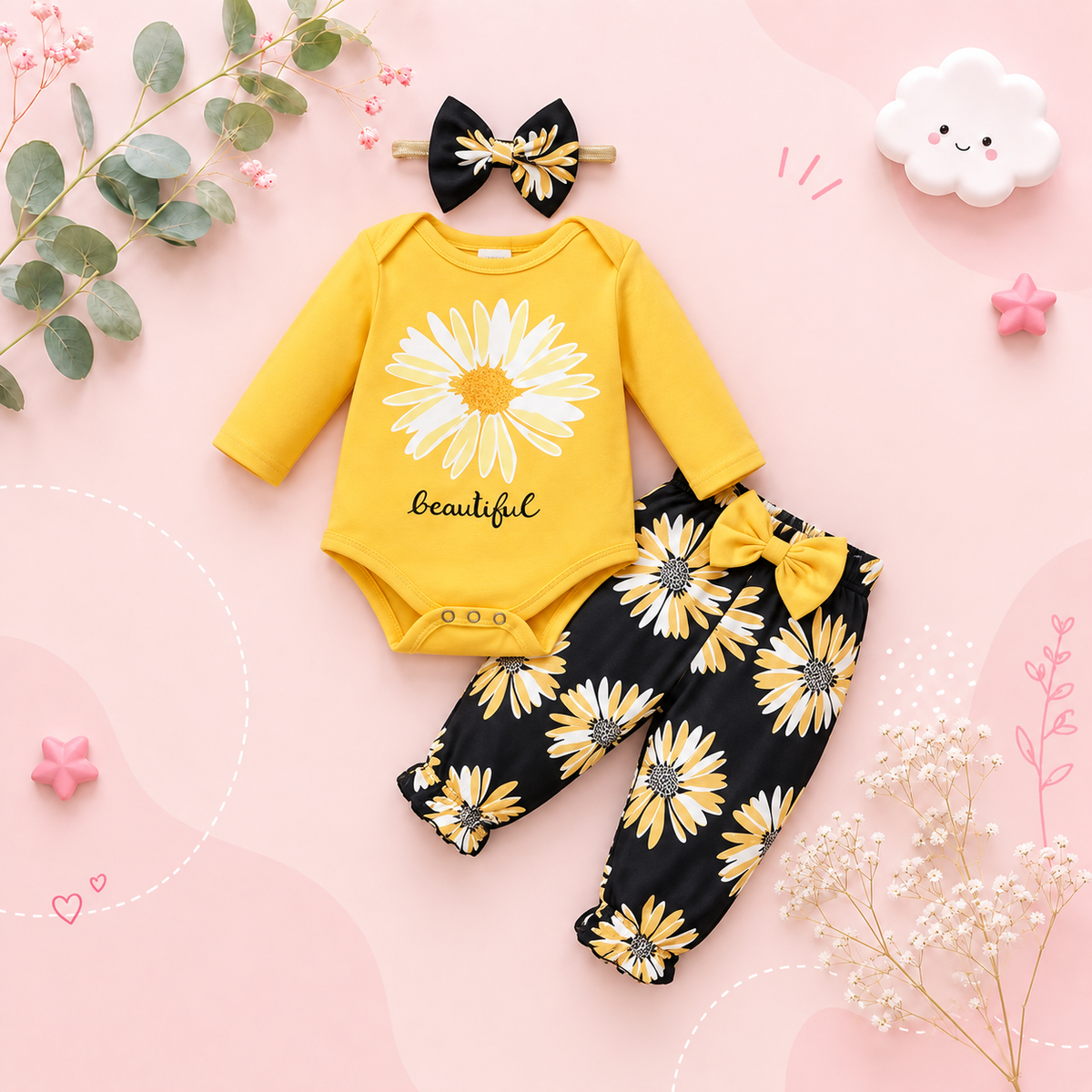 The Daleyza - Baby Girl Daisy Print Letter Romper + Long Pants 2Pcs Set Toddler Autumn Outfit