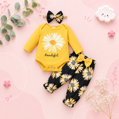 The Daleyza - Baby Girl Daisy Print Letter Romper + Long Pants 2Pcs Set Toddler Autumn Outfit