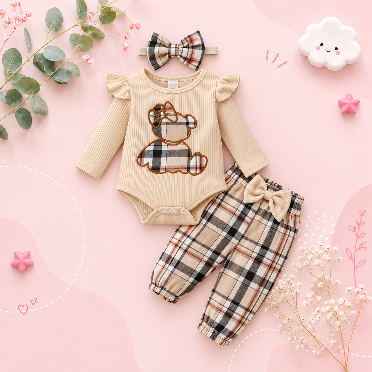 The Everlee - Baby Girl Bear Long Sleeve Jumpsuit + Plaid Bow Pants & Headband 3‑Pcs Set