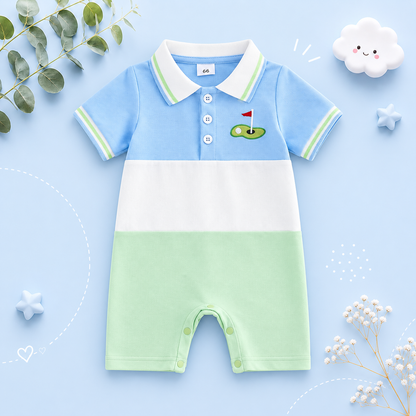 The Jayceon - Baby Boy Golf Embroidered Collared Romper Short Sleeve Summer Outfit