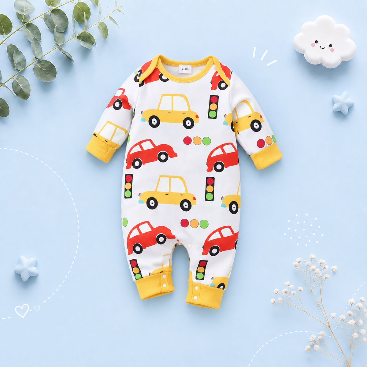 The Maximus - Baby Boy Red & Yellow Cars Print Long Sleeve Romper