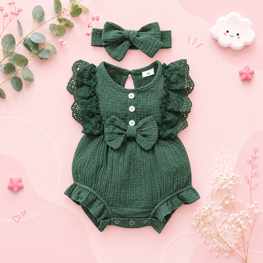 The Ollie - Newborn Baby Girl Lace Flare Sleeve Bodysuit and Headband Summer Romper Set
