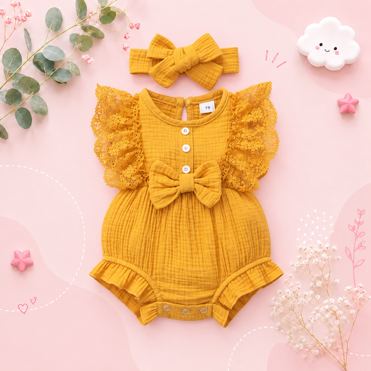 The Ollie - Newborn Baby Girl Lace Flare Sleeve Bodysuit and Headband Summer Romper Set
