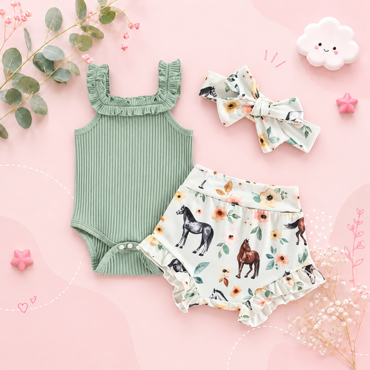 The Elsie - Baby Girl Off Shoulder Romper Tops + Bull Print Short Pants + Head Band