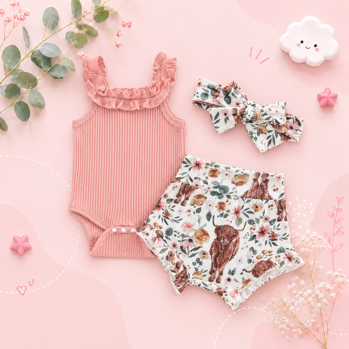 The Elsie - Baby Girl Off Shoulder Romper Tops + Bull Print Short Pants + Head Band
