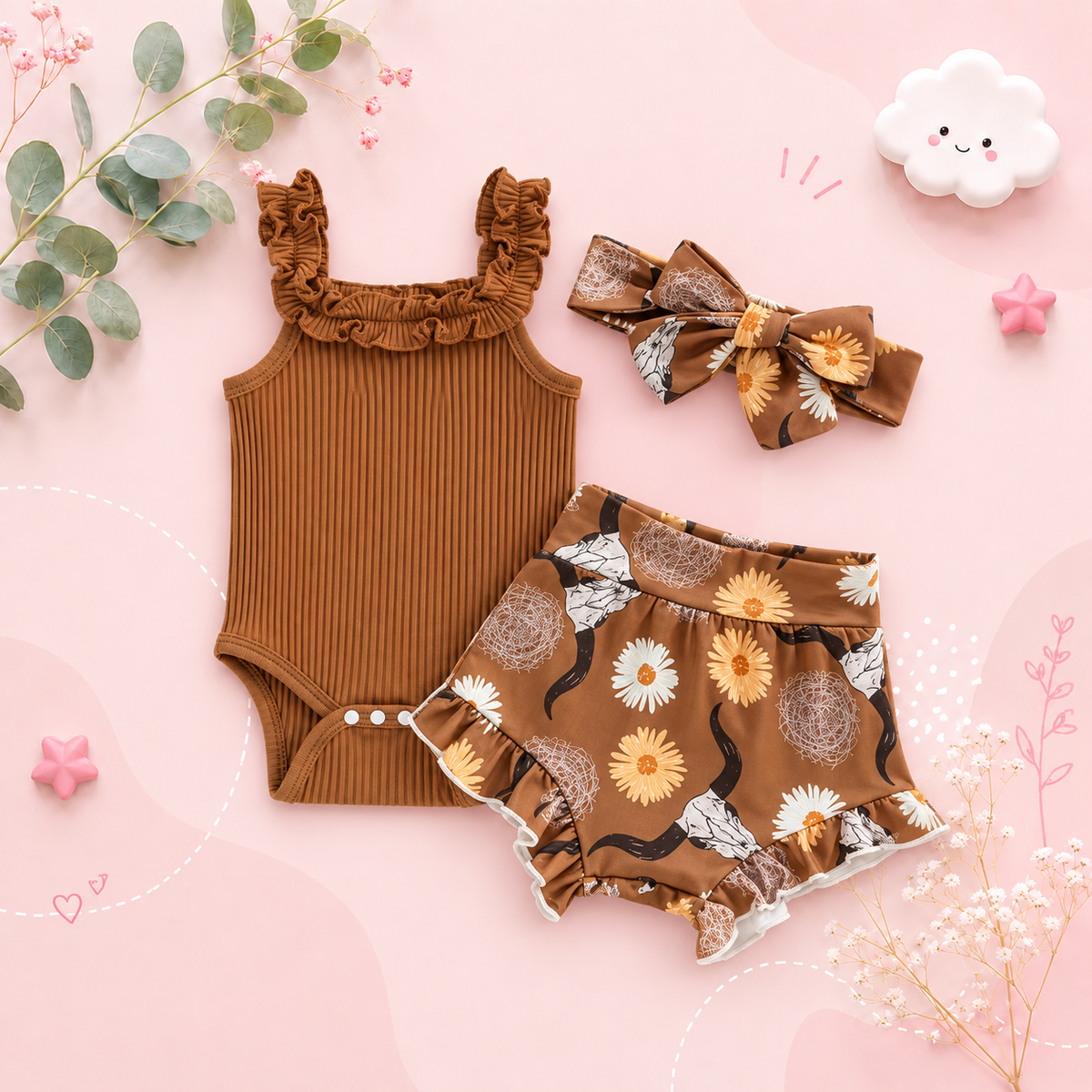 The Elsie - Baby Girl Off Shoulder Romper Tops + Bull Print Short Pants + Head Band