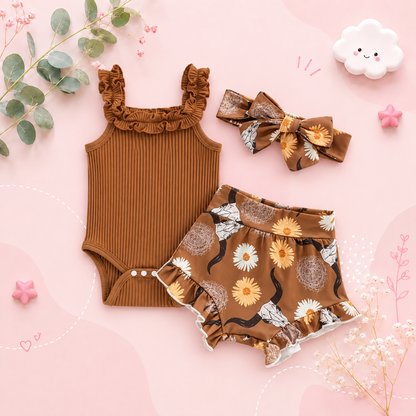 The Elsie - Baby Girl Off Shoulder Romper Tops + Bull Print Short Pants + Head Band
