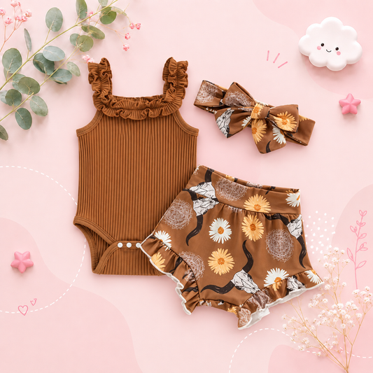 The Elsie - Baby Girl Off Shoulder Romper Tops + Bull Print Short Pants + Head Band