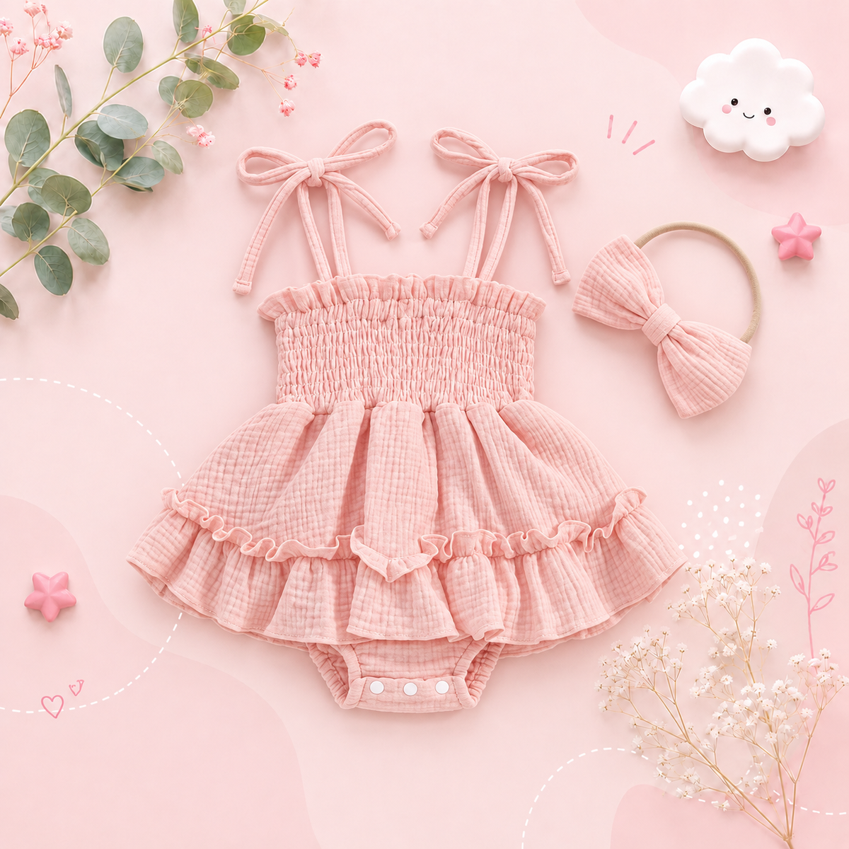 The Madeline - Baby Girl Summer Romper Dress Casual Sleeveless Shoulder Strap Bodysuits with Hairband