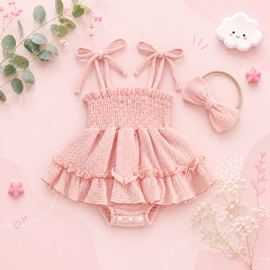 The Madeline - Baby Girl Summer Romper Dress Casual Sleeveless Shoulder Strap Bodysuits with Hairband