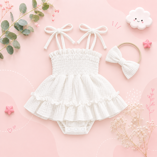 The Madeline - Baby Girl Summer Romper Dress Casual Sleeveless Shoulder Strap Bodysuits with Hairband