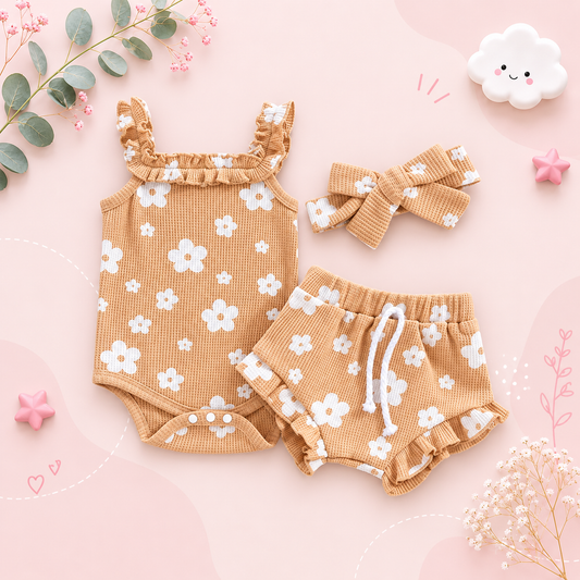 The Ariana - Baby Girl Floral Sleeveless Strap Romper + Shorts + Headband