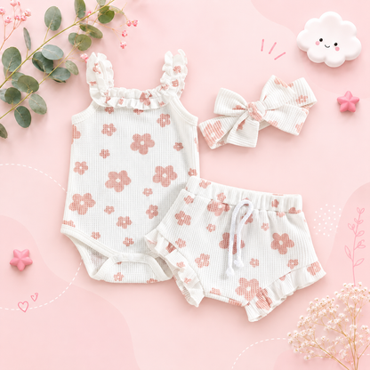 The Ariana - Baby Girl Floral Sleeveless Strap Romper + Shorts + Headband