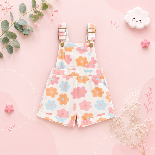 The Alina - Baby Girl Strawberry/Flower Print Denim Sleeveless Straps Buttons Pockets Overalls