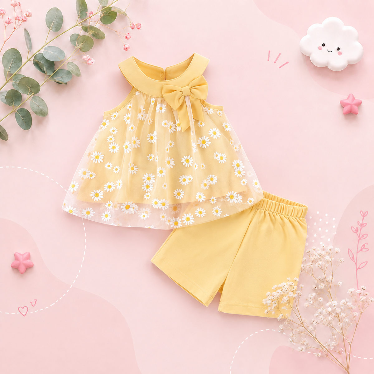 The Rosalia - Baby Girl 2PCS Daisy Mesh Off Shoulder Top & Shorts Summer Outfit