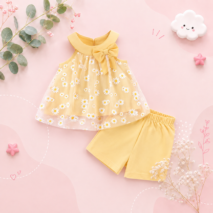The Rosalia - Baby Girl 2PCS Daisy Mesh Off Shoulder Top & Shorts Summer Outfit