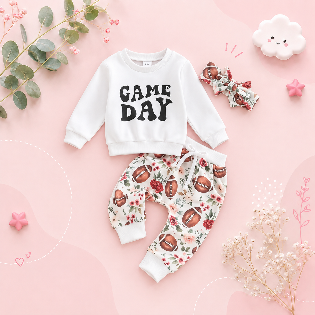 The Olive - Baby Girl "Game Day" Print Long Sleeve Sweatshirt + Football Print Pants + Headband Set