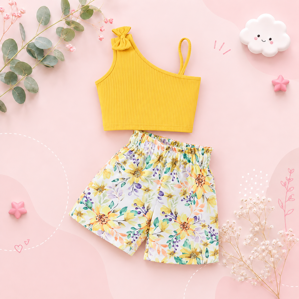 The Lainey - Baby Girl Suspenders Bow Top+Flower Shorts