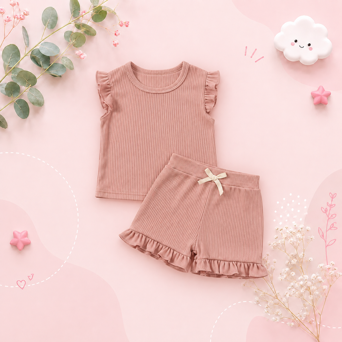 The Remi - Baby Girl Solid Casual Short Sleeved + Shorts