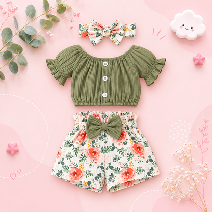The Sienna - Baby Girl Cotton Short Sleeved Headscarf Printed Bow + Shorts