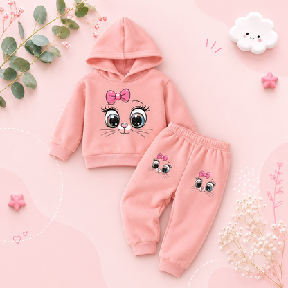 The Shiloh - Baby Girl Cartoon Cat Pattern Long Sleeved Fleece Hooded Sweatshirt + Casual Simple Pants Set