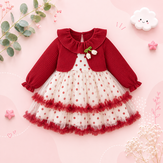 The Wynter - Baby Girl Red Knit Long Sleeve Dress Red Polka Dot Print Mesh with Bow