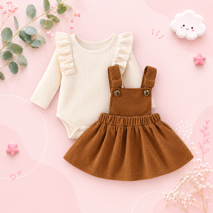 The Alicia - Baby Girl Fashionable Long-Sleeved Suit + Coffee Strap Skirt