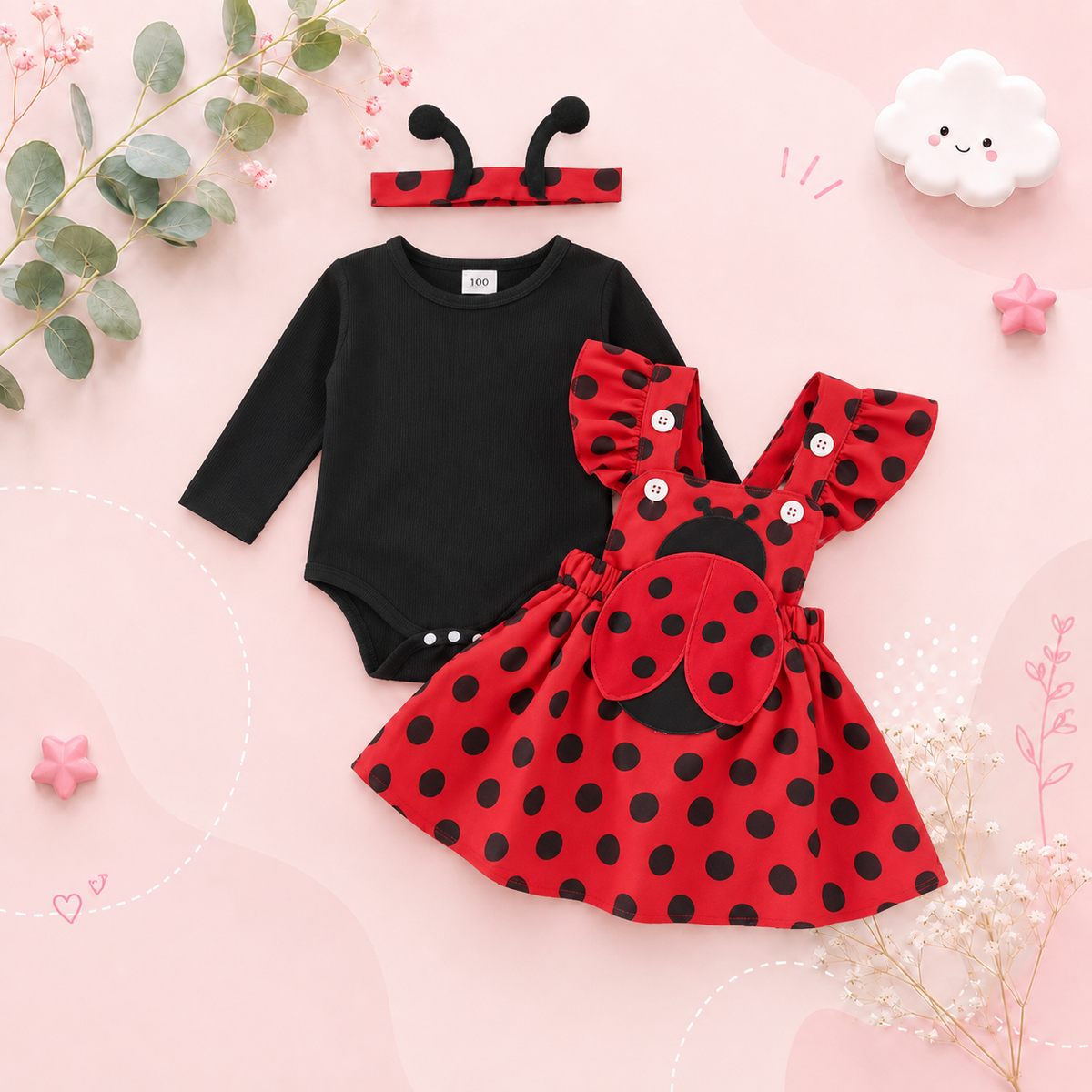 The Miranda - Baby Girl 3PCS Bee Embroidered Romper Suspender Dress & Headband