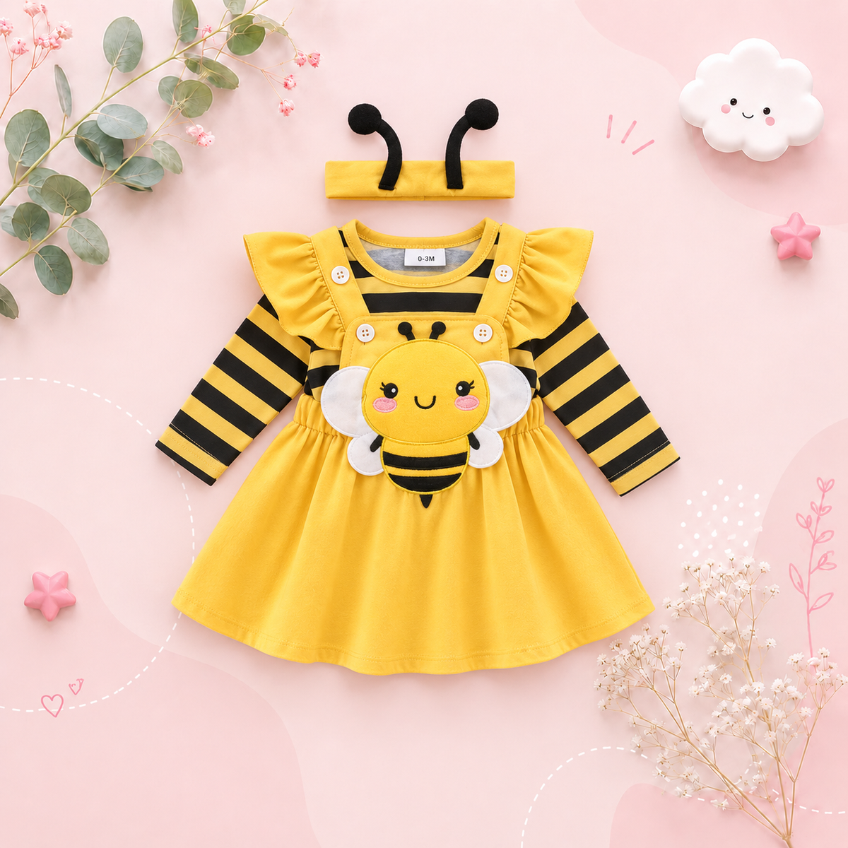 The Miranda - Baby Girl 3PCS Bee Embroidered Romper Suspender Dress & Headband