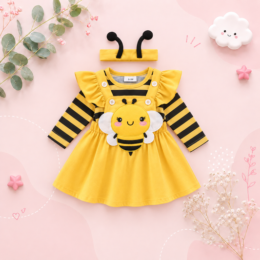 The Miranda - Baby Girl 3PCS Bee Embroidered Romper Suspender Dress & Headband