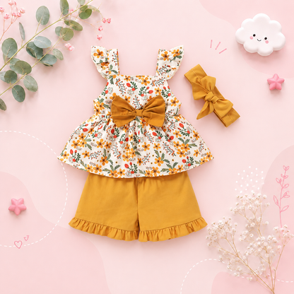 The Gianna - Baby Girl Floral Sling Top with Bow + Shorts + Headband