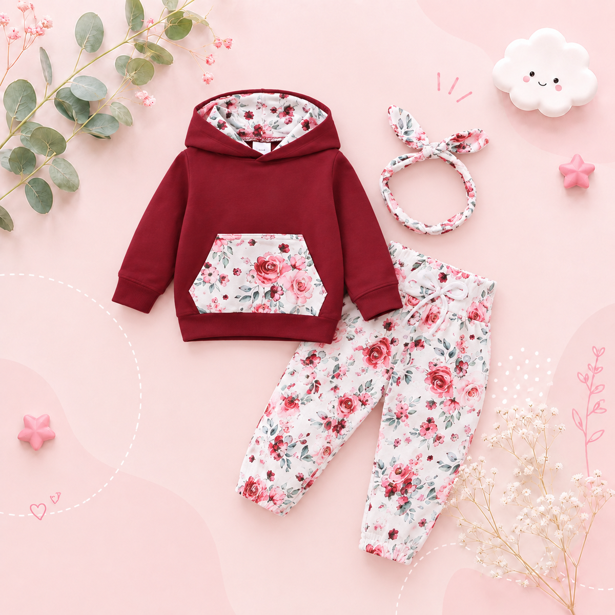 The Romina - Baby Girl Hooded Flower Long Sleeve Top + Printed Pants & Bow Headband Autumn Set