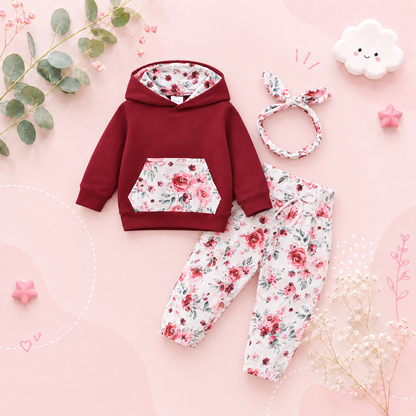 The Romina - Baby Girl Hooded Flower Long Sleeve Top + Printed Pants & Bow Headband Autumn Set