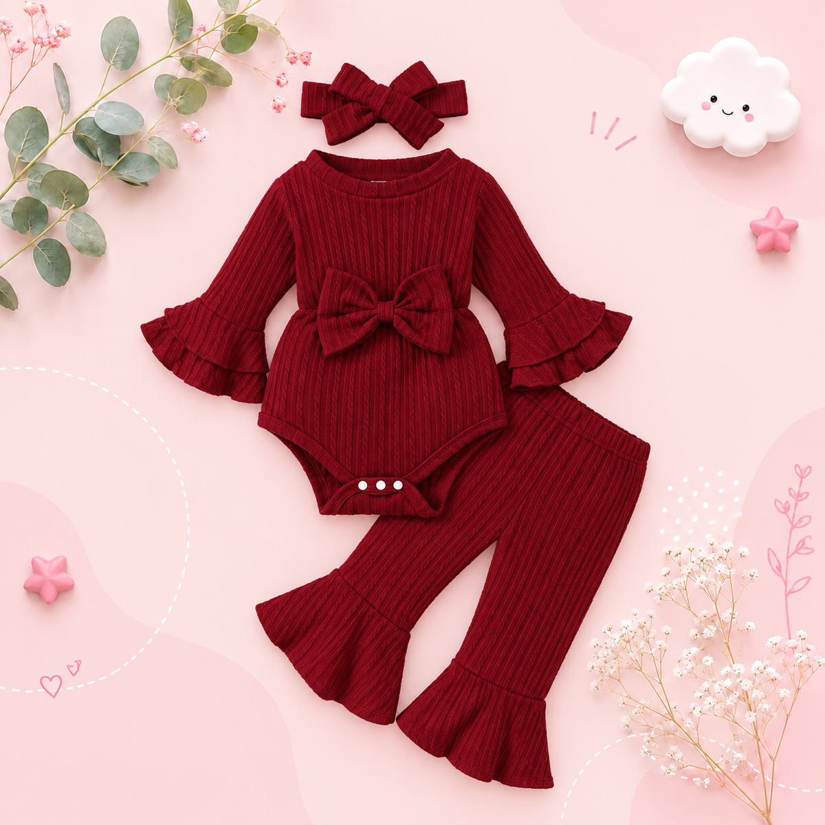 The Yara - Baby Girl Bow Front Jumpsuit Flare Sleeve Textured Romper Fall Winter Outfit
