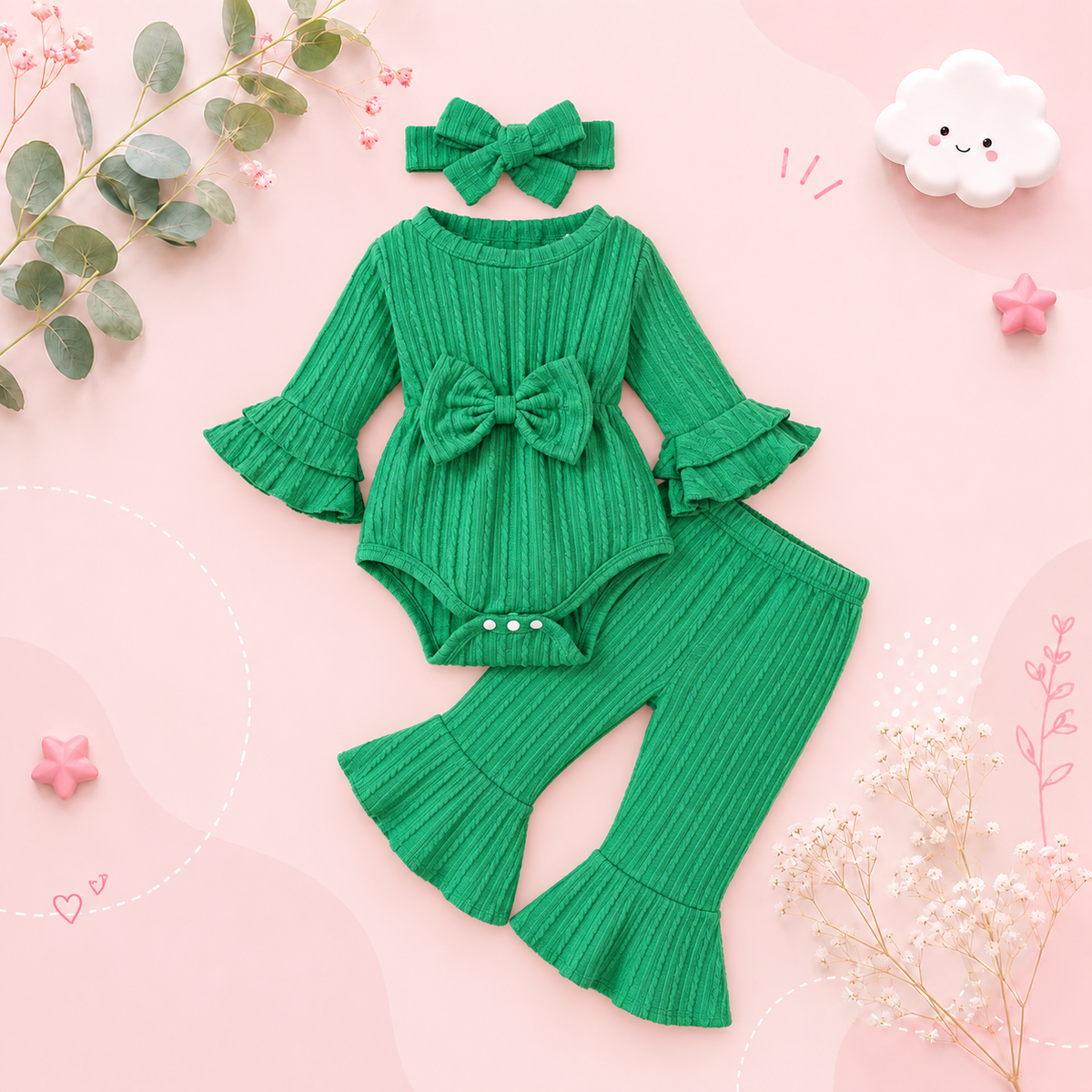 The Yara - Baby Girl Bow Front Jumpsuit Flare Sleeve Textured Romper Fall Winter Outfit