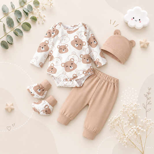 The Fabian - Baby Unisex Brown Little Bear Long Sleeve Bodysuit + Pants + Hat + Socks 4pcs Outfit Set