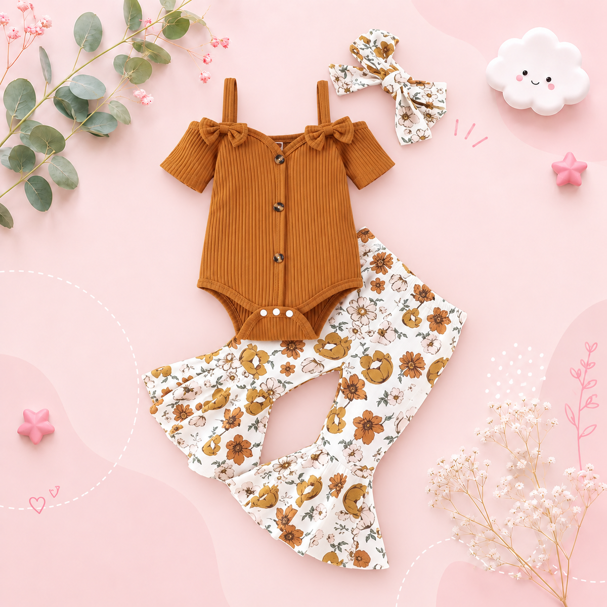 The Genevieve - Baby Girl Ribbed Off Shoulder Short Sleeve Button Bodysuits + Floral Flare Long Pants + Headband