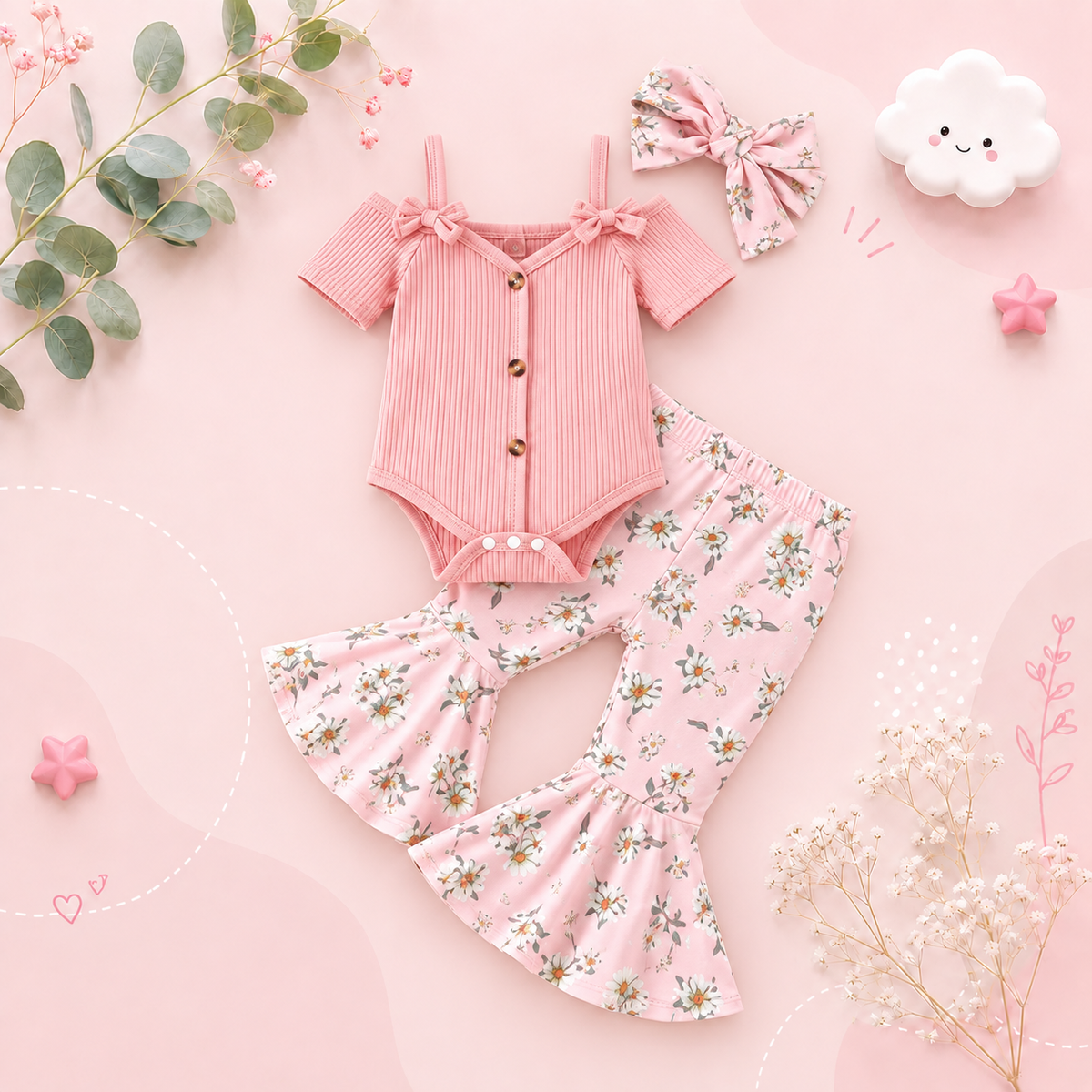 The Genevieve - Baby Girl Ribbed Off Shoulder Short Sleeve Button Bodysuits + Floral Flare Long Pants + Headband