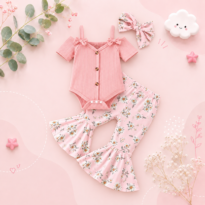 The Genevieve - Baby Girl Ribbed Off Shoulder Short Sleeve Button Bodysuits + Floral Flare Long Pants + Headband
